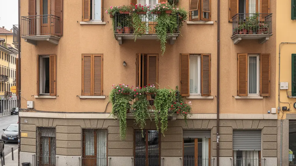 Tipica palazzina residenziale del Nord Italia con balconi fioriti