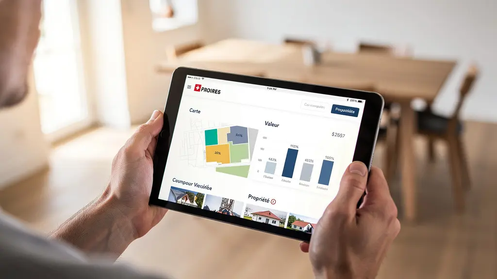 Persona consulta valutazione immobiliare su tablet in ambiente domestico moderno