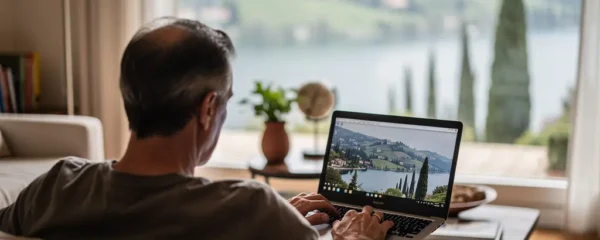 Proprietario che consulta valutazione immobiliare online con vista su paesaggio italiano
