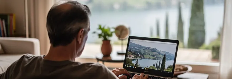 Proprietario che consulta valutazione immobiliare online con vista su paesaggio italiano