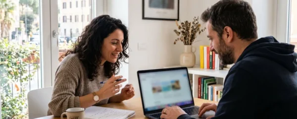 Una coppia italiana di circa trent'anni consulta concentrata un laptop appoggiato su un tavolo domestico in un ambiente luminoso e contemporaneo