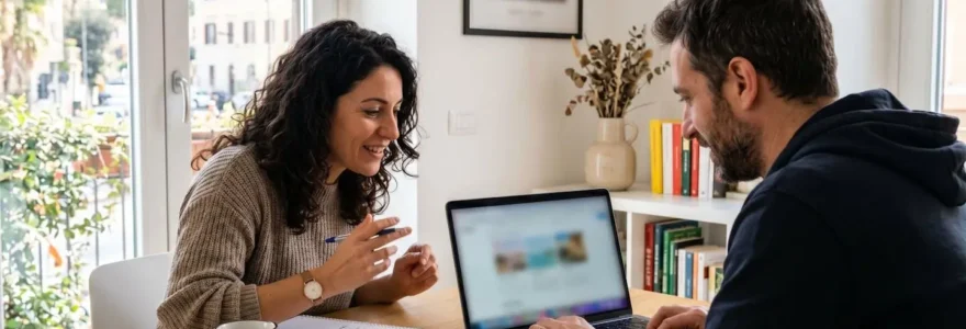 Una coppia italiana di circa trent'anni consulta concentrata un laptop appoggiato su un tavolo domestico in un ambiente luminoso e contemporaneo