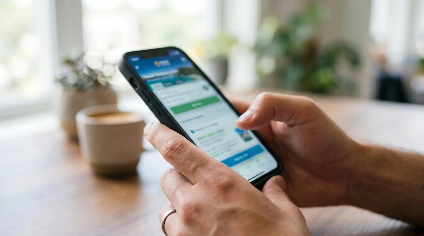 Primo piano ravvicinato di mani che tengono uno smartphone con interfaccia app di prenotazione completamente sfocata, sfondo scrivania moderna fuori fuoco